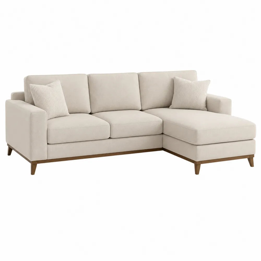 Canapé d’angle 3 places avec méridienne droite tissu beige 250 x 160 x 85 cm pieds bois