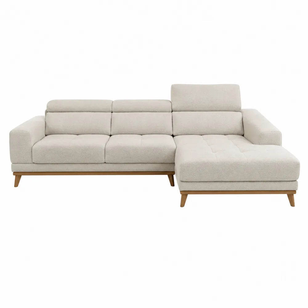 Canapé d’angle modulable 3 places avec méridienne droite 240 x 150 x 85 cm tissu polyester beige pieds bois