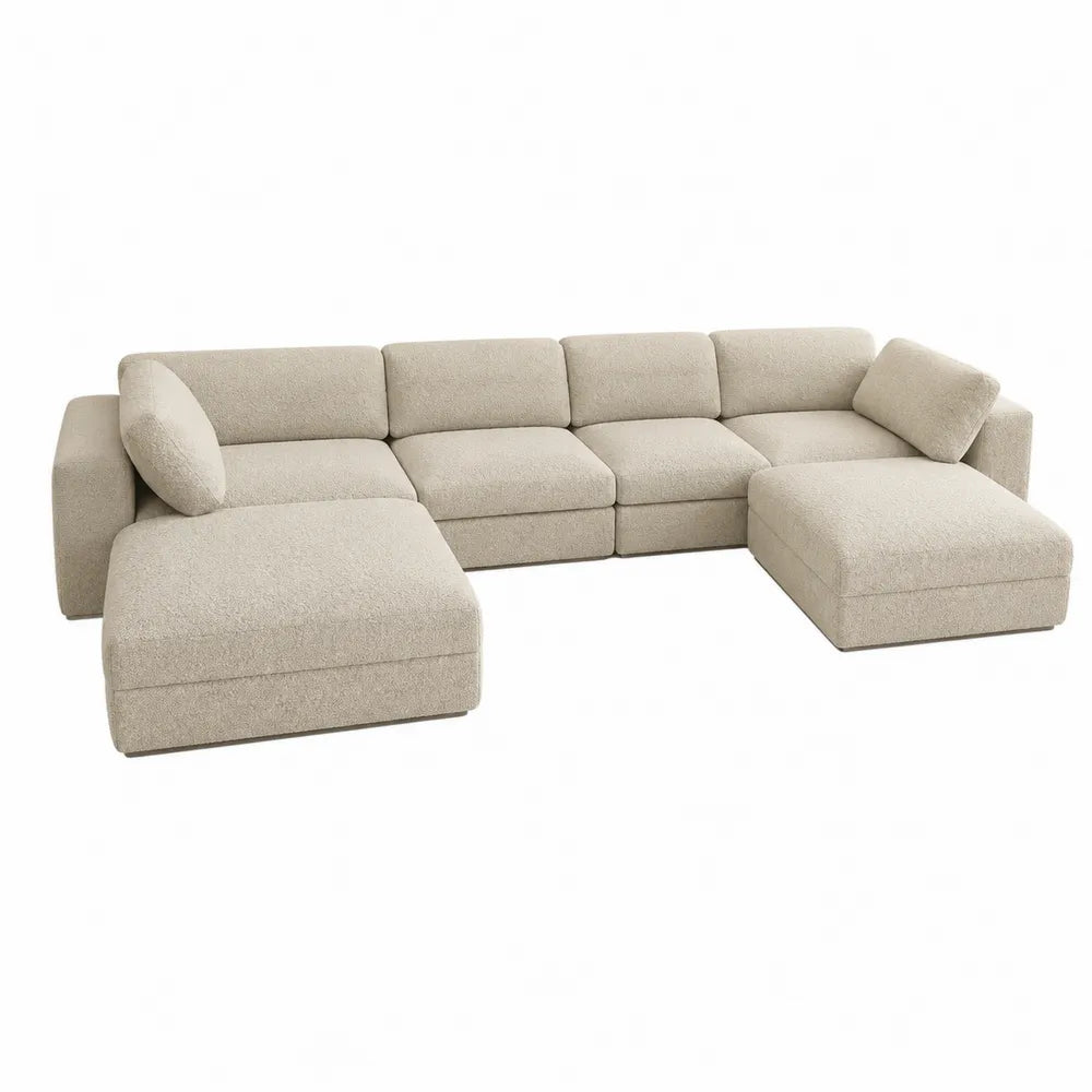 Canapé modulable en U 5 places avec méridiennes tissu polyester beige 330 x 170 x 85 cm