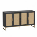 Buffet 4 portes en MDF noir façades cannage rotin pieds acier doré 160 cm x 40 cm x 80 cm