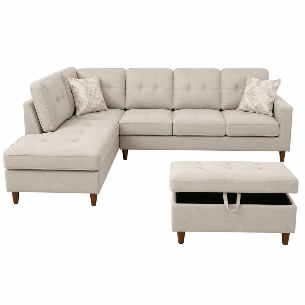Canapé d’angle modulable 4 places avec méridienne gauche et pouf coffre 260 x 170 x 85 cm tissu polyester beige