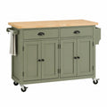 Chariot de cuisine multifonction avec plateau en bois 130 cm x 46 cm x 90 cm en MDF vert sauge avec 2 tiroirs 4 portes et roulettes