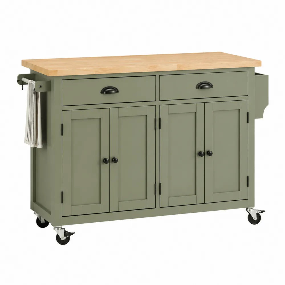 Chariot de cuisine multifonction avec plateau en bois 130 cm x 46 cm x 90 cm en MDF vert sauge avec 2 tiroirs 4 portes et roulettes