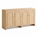 Buffet 4 portes en panneaux mélaminés décor chêne naturel façades arquées poignées dorées 160 cm x 40 cm x 80 cm