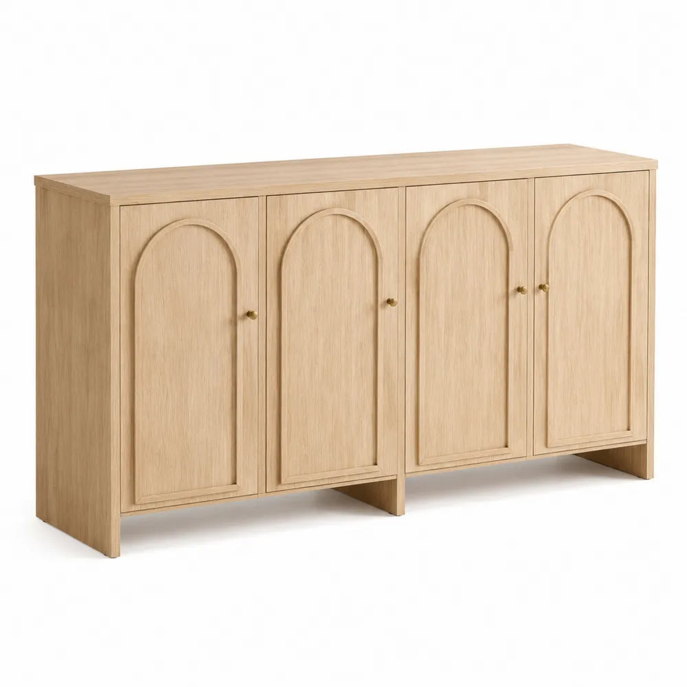 Buffet 4 portes en panneaux mélaminés décor chêne naturel façades arquées poignées dorées 160 cm x 40 cm x 80 cm