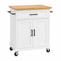 Chariot de cuisine multifonction avec plateau bois et rangement en MDF blanc 80 cm x 45 cm x 90 cm avec tiroir et portes