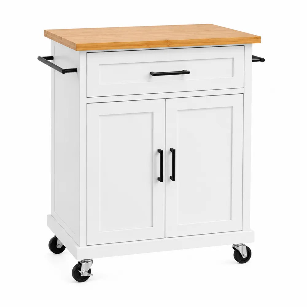 Chariot de cuisine multifonction avec plateau bois et rangement en MDF blanc 80 cm x 45 cm x 90 cm avec tiroir et portes