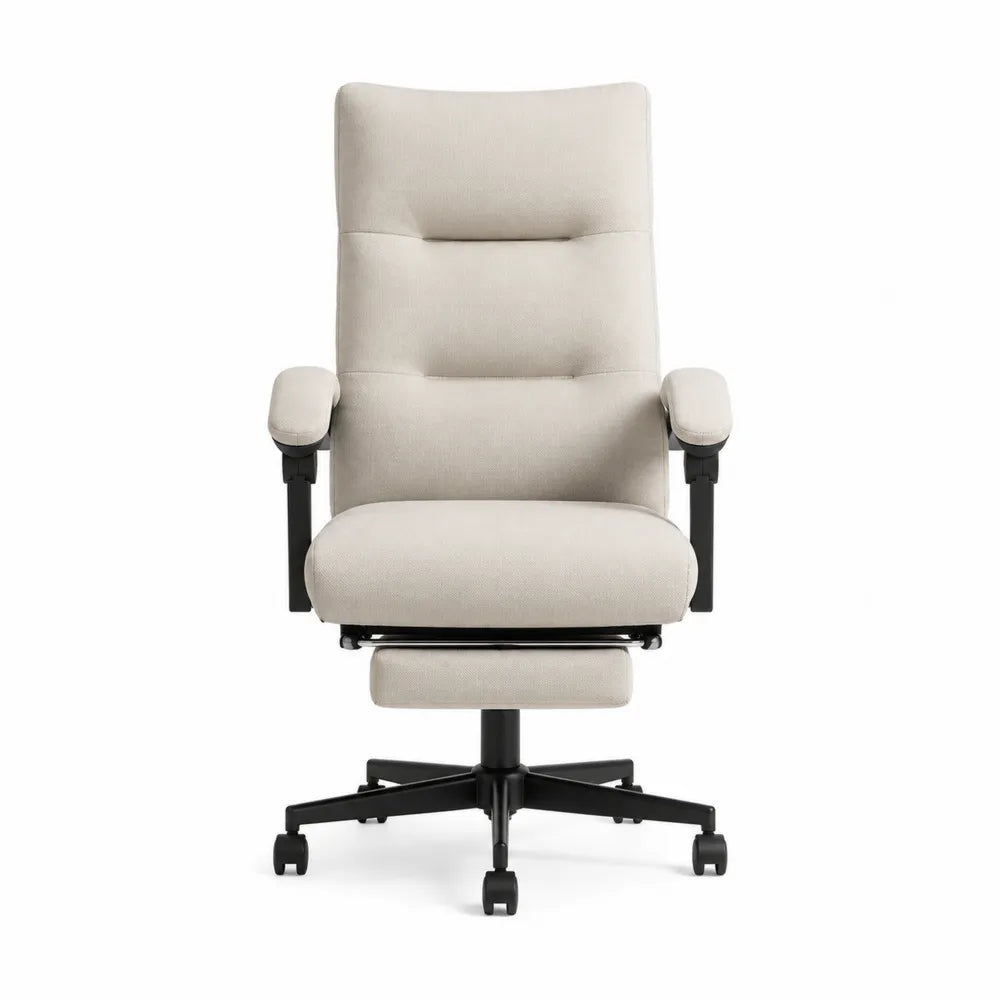 Chaise de bureau inclinable avec repose-pieds en polyester beige et acier noir 68 cm x 70 cm x 115 cm à 125 cm