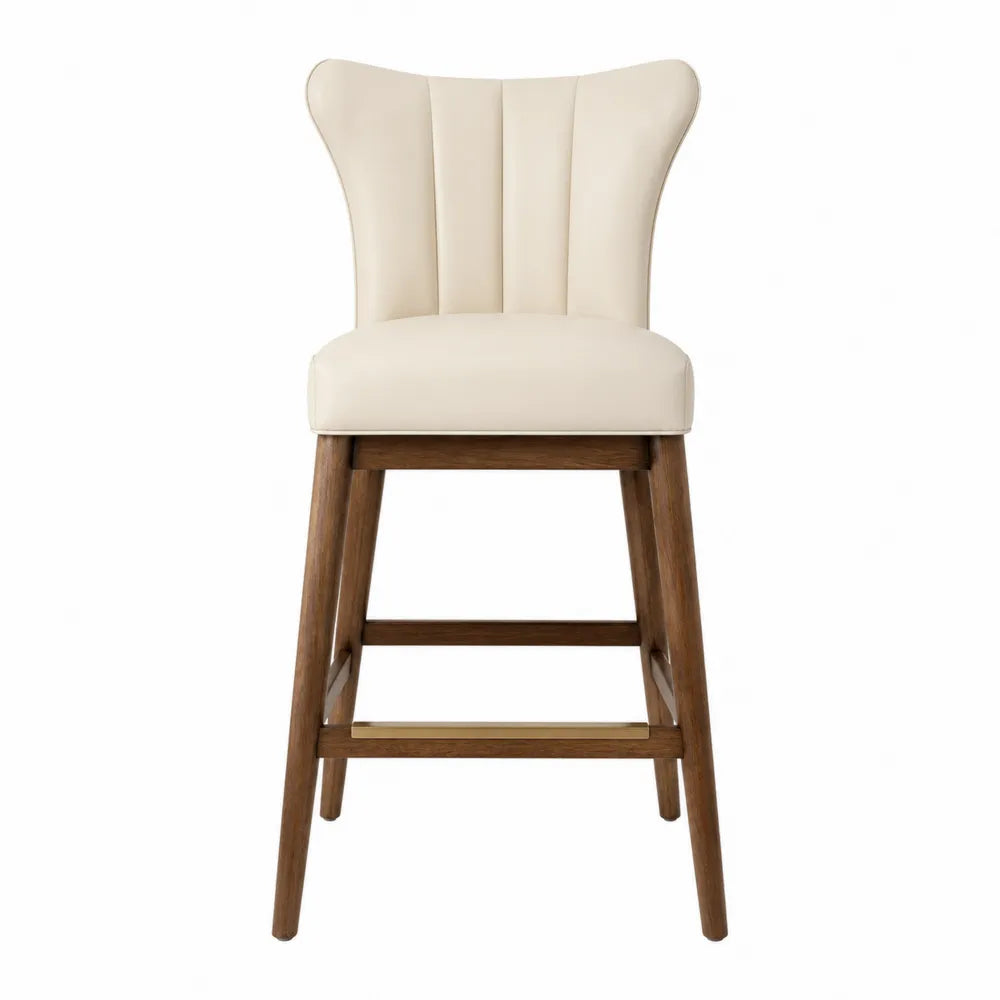 Tabouret de bar fixe en bois massif avec assise rembourrée beige et repose-pieds bois 50 x 52 x 95 cm