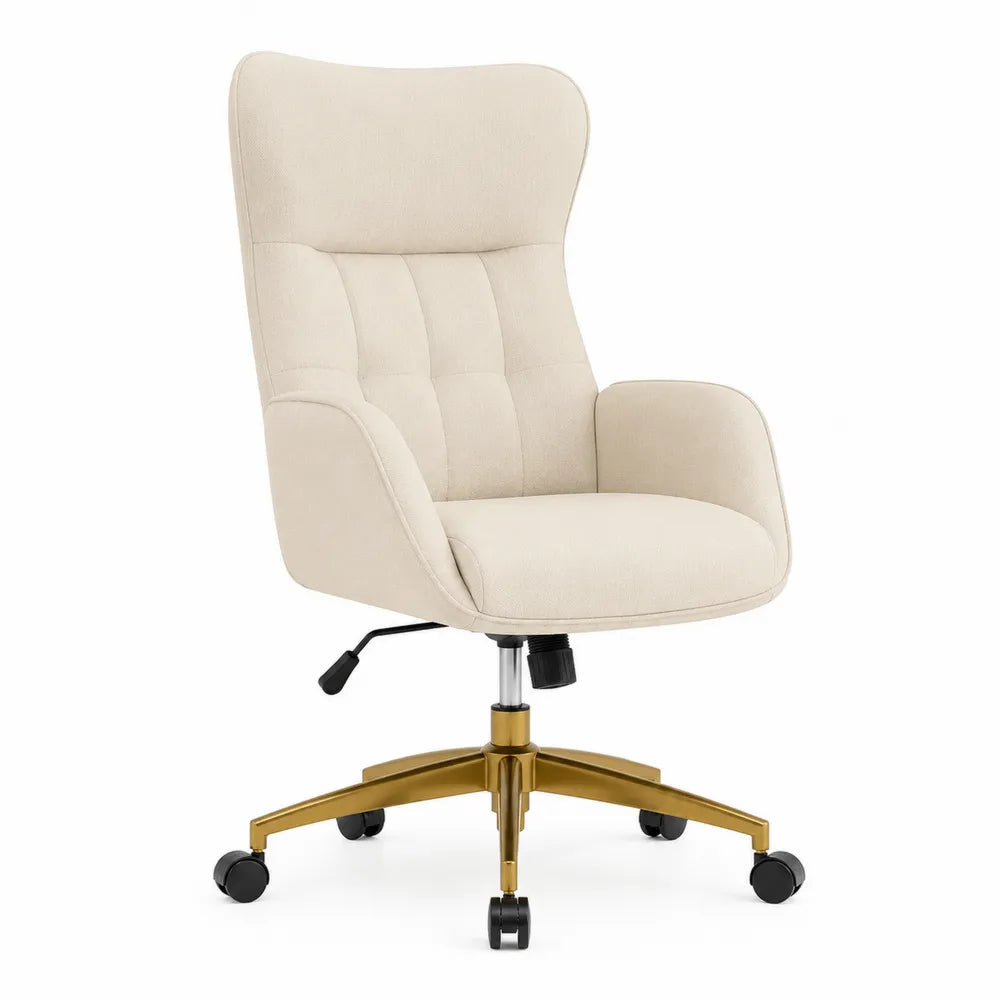 Chaise de bureau pivotante en polyester beige avec base en acier doré et noir 68 cm x 70 cm x 108 à 118 cm