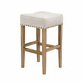 Tabouret de bar fixe en bois massif avec assise rembourrée beige et clous décoratifs 42 x 42 x 65 cm