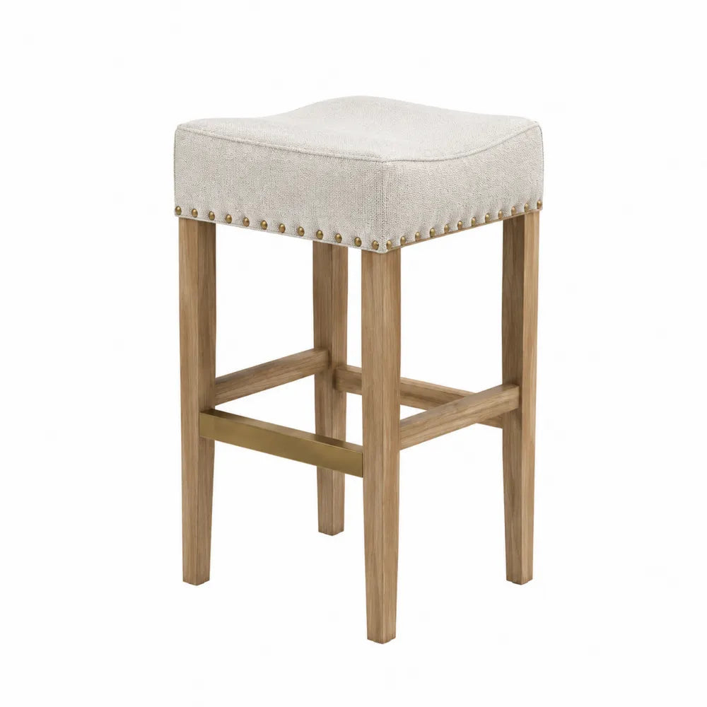 Tabouret de bar fixe en bois massif avec assise rembourrée beige et clous décoratifs 42 x 42 x 65 cm