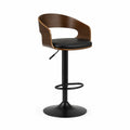 Tabouret de bar réglable pivotant en bois et métal noir avec assise rembourrée noire et dossier en bois 55 x 50 x 85-105 cm