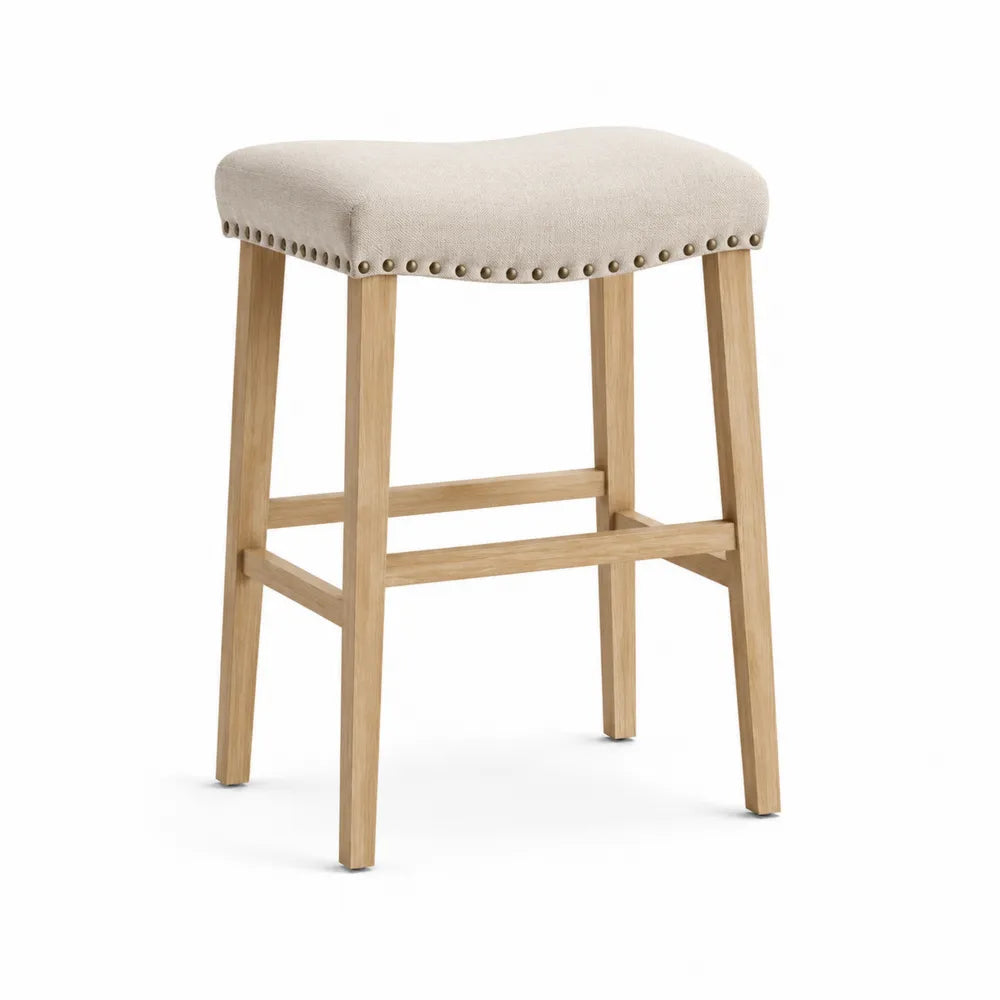Tabouret de bar fixe en bois massif avec assise rembourrée beige et clous décoratifs 45 x 45 x 68 cm