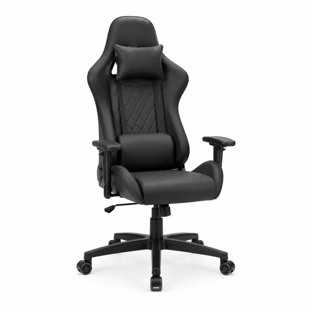 Chaise de bureau gaming pivotante en similicuir PU noir avec coussins appuie-tête et lombaire 68 cm x 70 cm x 125 à 135 cm