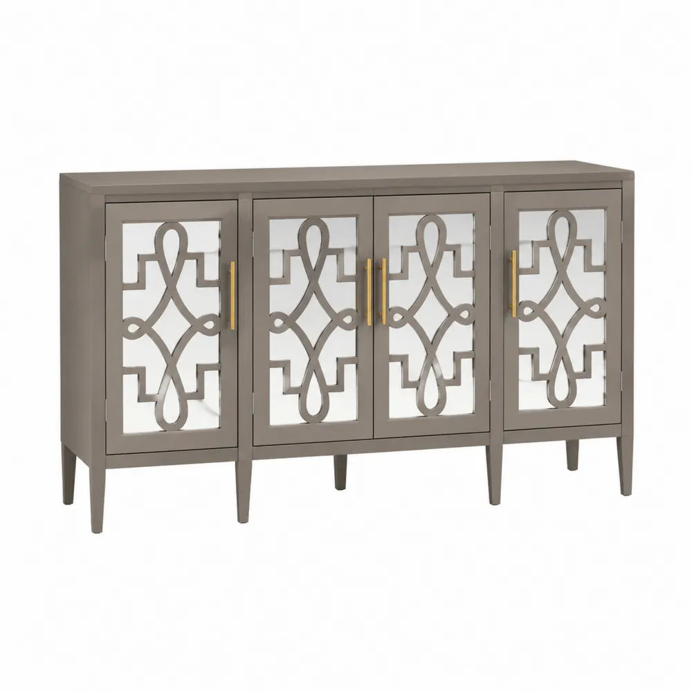 Buffet 4 portes en MDF peint gris taupe façades ajourées décoratives 160 cm x 40 cm x 85 cm
