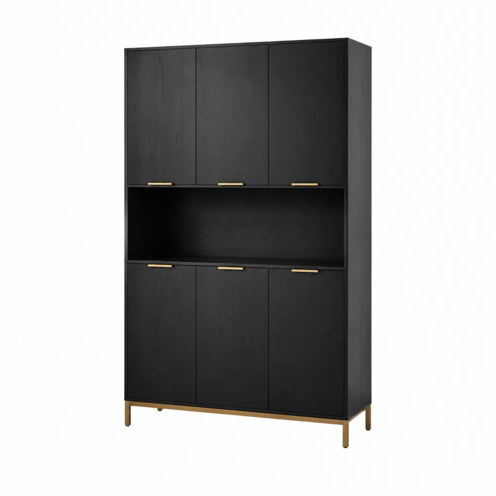 Buffet haut 6 portes en MDF mélaminé noir niche ouverte piètement acier doré 120 cm x 40 cm x 180 cm