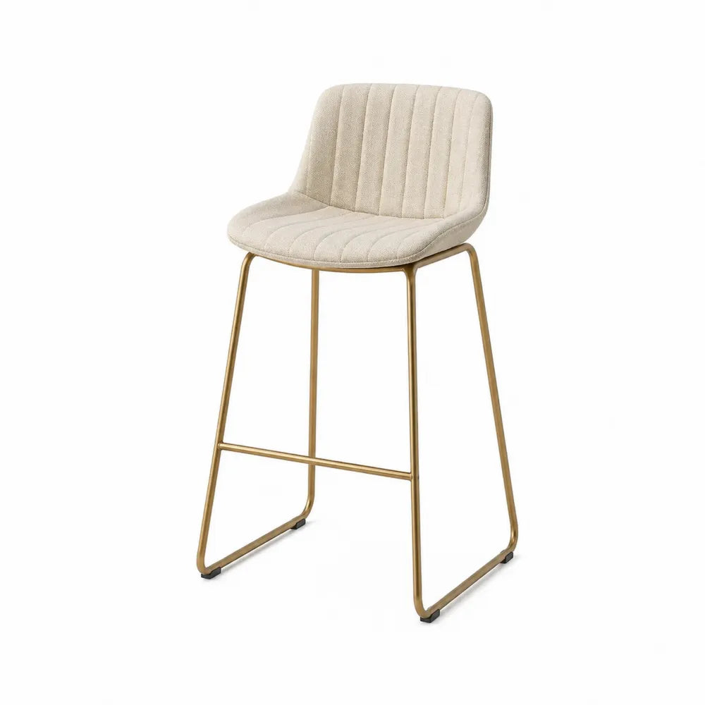 Tabouret de bar fixe avec dossier en tissu bouclé beige et structure en acier doré 50 x 52 x 98 cm