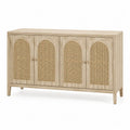 Buffet 4 portes en bois décor chêne clair avec cannage rotin naturel façades cintrées 160 cm x 40 cm x 85 cm