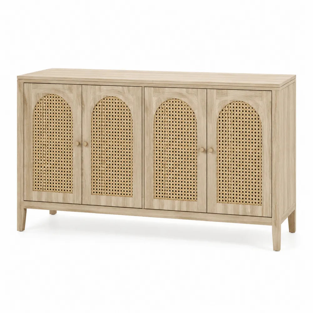 Buffet 4 portes en bois décor chêne clair avec cannage rotin naturel façades cintrées 160 cm x 40 cm x 85 cm