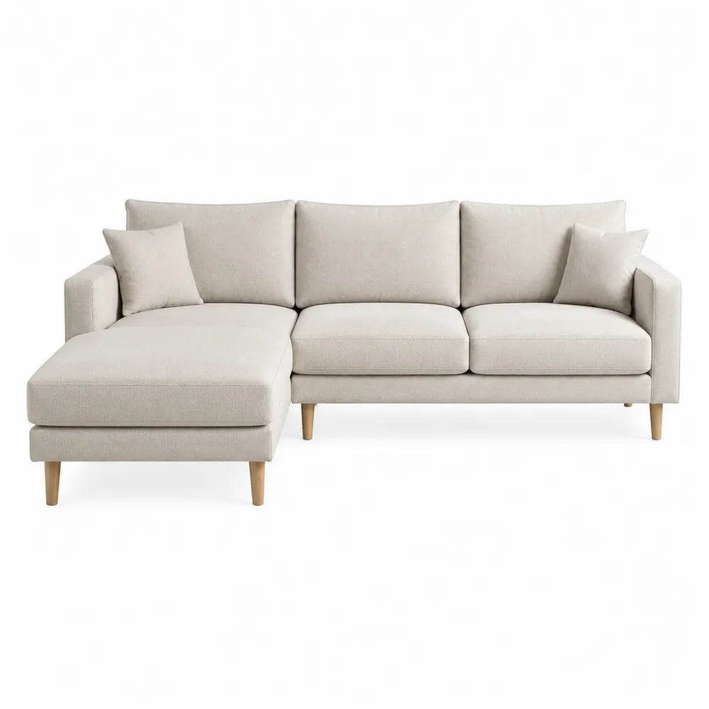 Canapé d’angle modulable 4 places en L avec méridienne gauche tissu polyester beige 260 x 170 x 85 cm pieds en bois