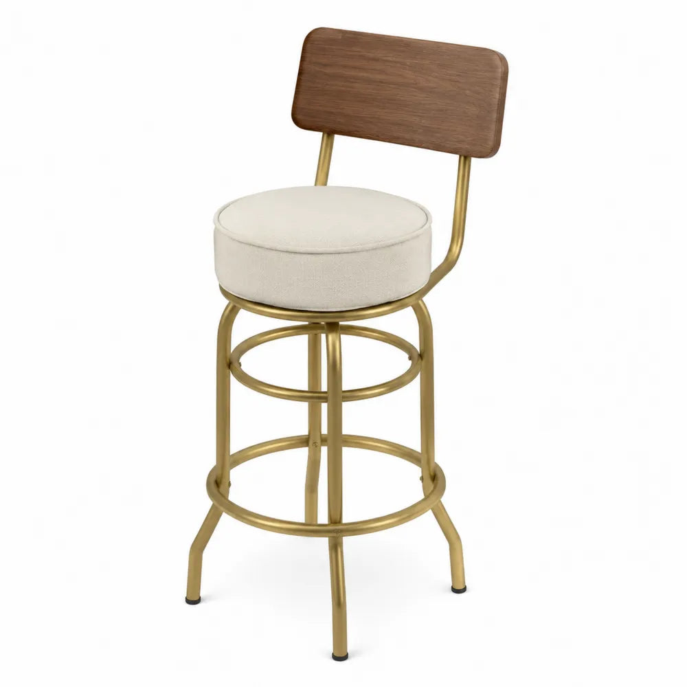 Tabouret de bar fixe avec dossier en contreplaqué plaqué noyer et assise en polyester beige structure acier doré 45 x 48 x 103 cm