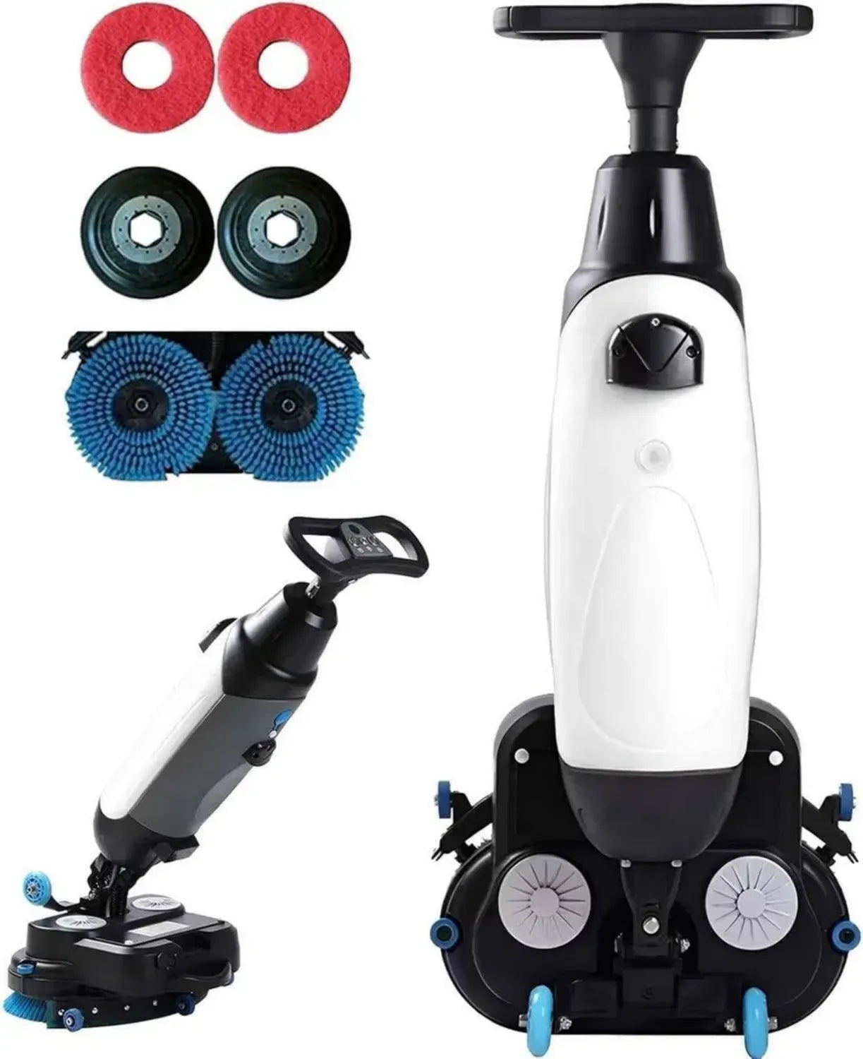 Autolaveuse Portable Compacte avec Double Réservoir, Brosses Doubles et Tête Pivotante 360°, Idéale pour Maison, Bureau, Hôtel - Blanc