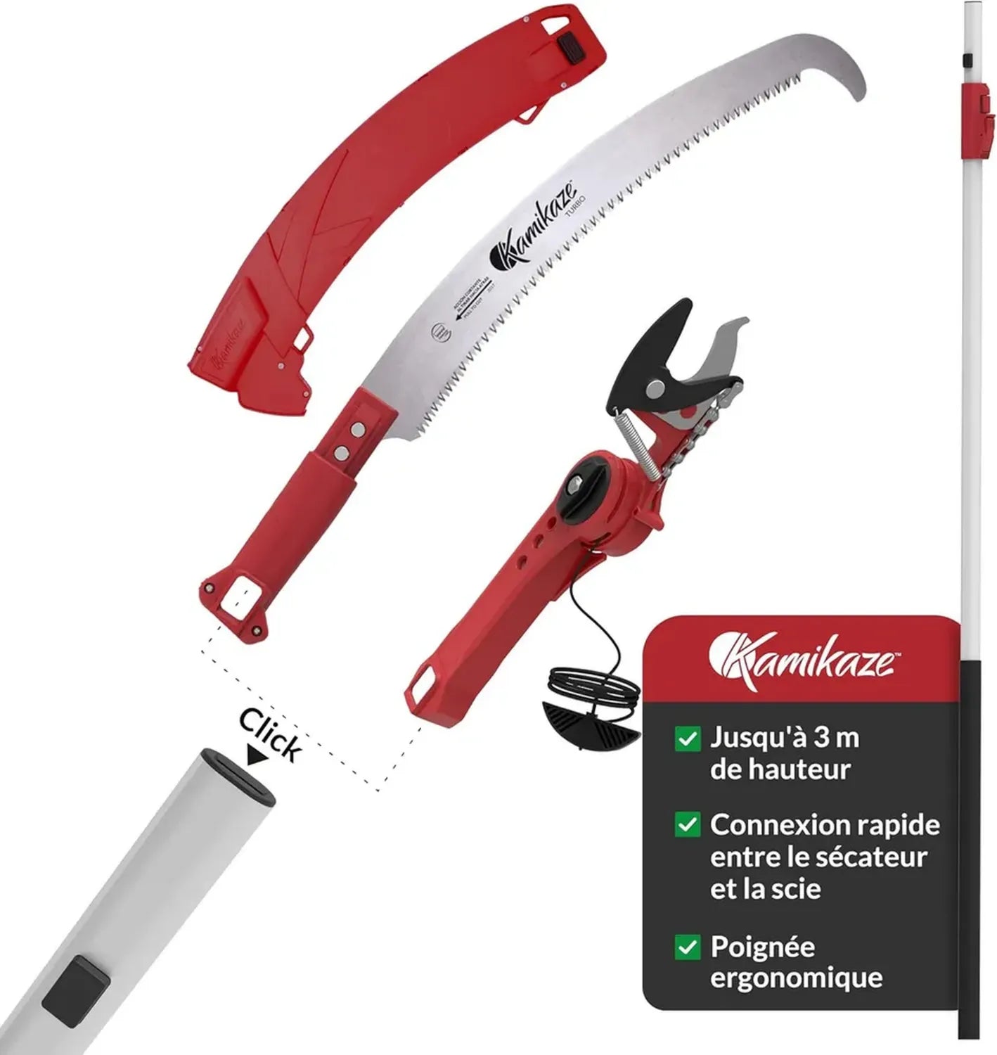Kit Élagage Télescopique 2-en-1 3m Kamikaze – Coupe-Branche et Scie avec Tête Rotative et Attache Rapide, Compatible Outils Wolf