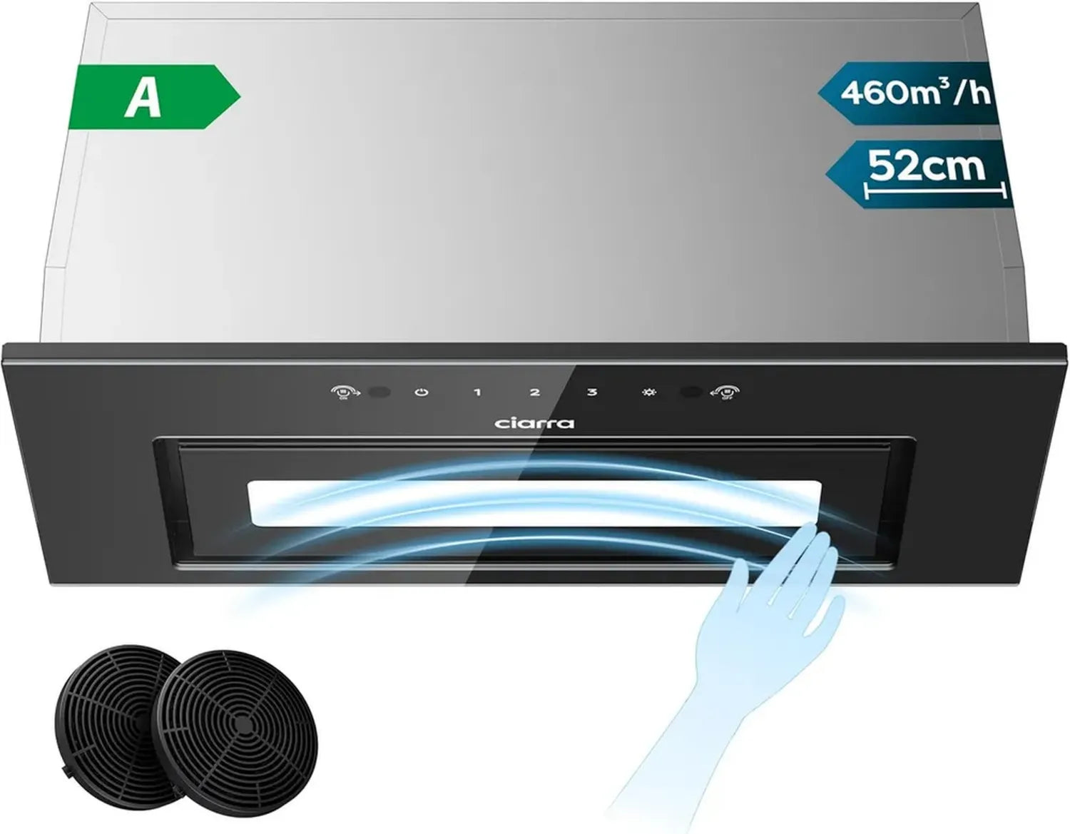 Hotte Encastrée 52cm Noire - CIARRA CBCB5931B - Commande Gestuelle & Tactile - Débit 460 m³/h - 3 Vitesses - Filtre à Charbon Inclus - Évacuation/Recyclage - Classe Énergétique A