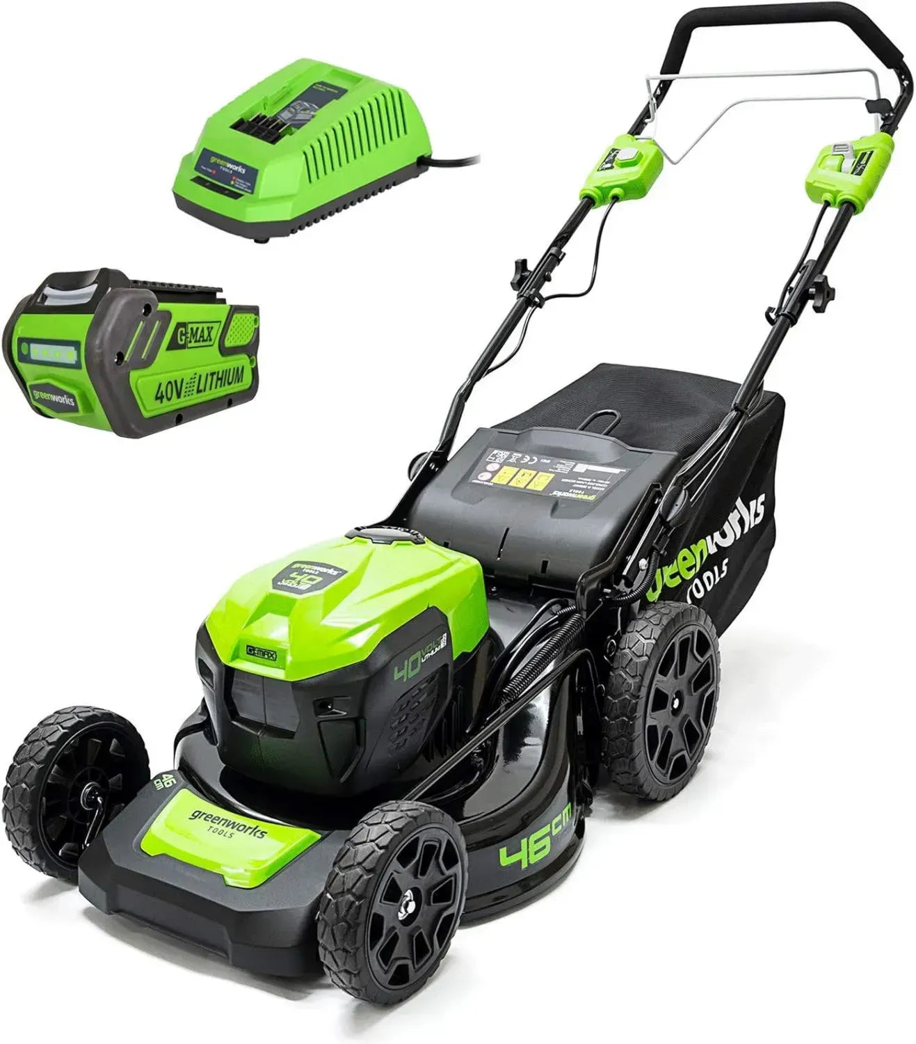 Tondeuse à gazon électrique Greenworks 40V - Largeur de coupe de 46cm - Inclut batterie 4,0Ah et chargeur
