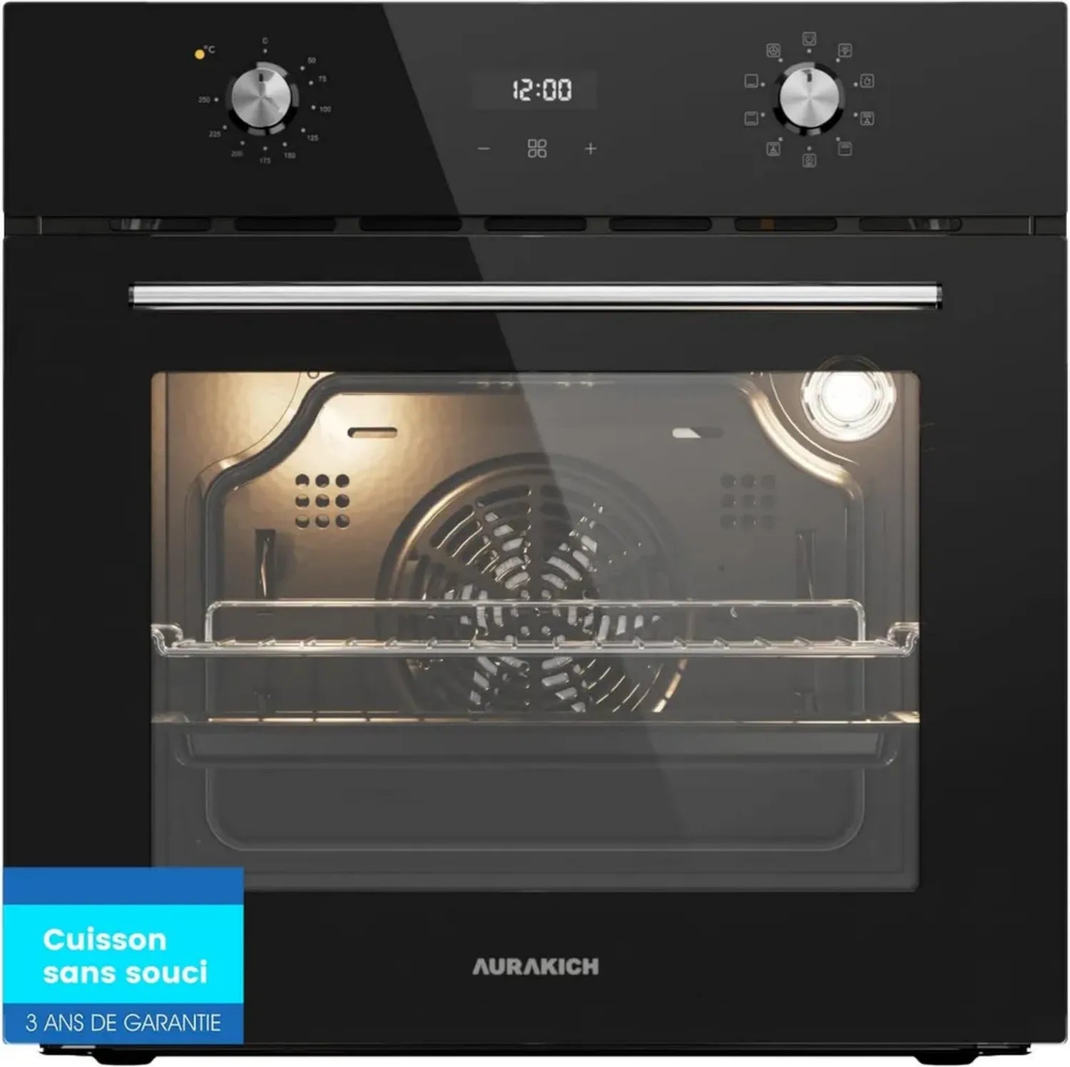 Four encastrable 60 cm, 70 L, convection 4D, 8 programmes, préchauffage rapide, sécurité enfant, classe A, 3 ans garantie, noir