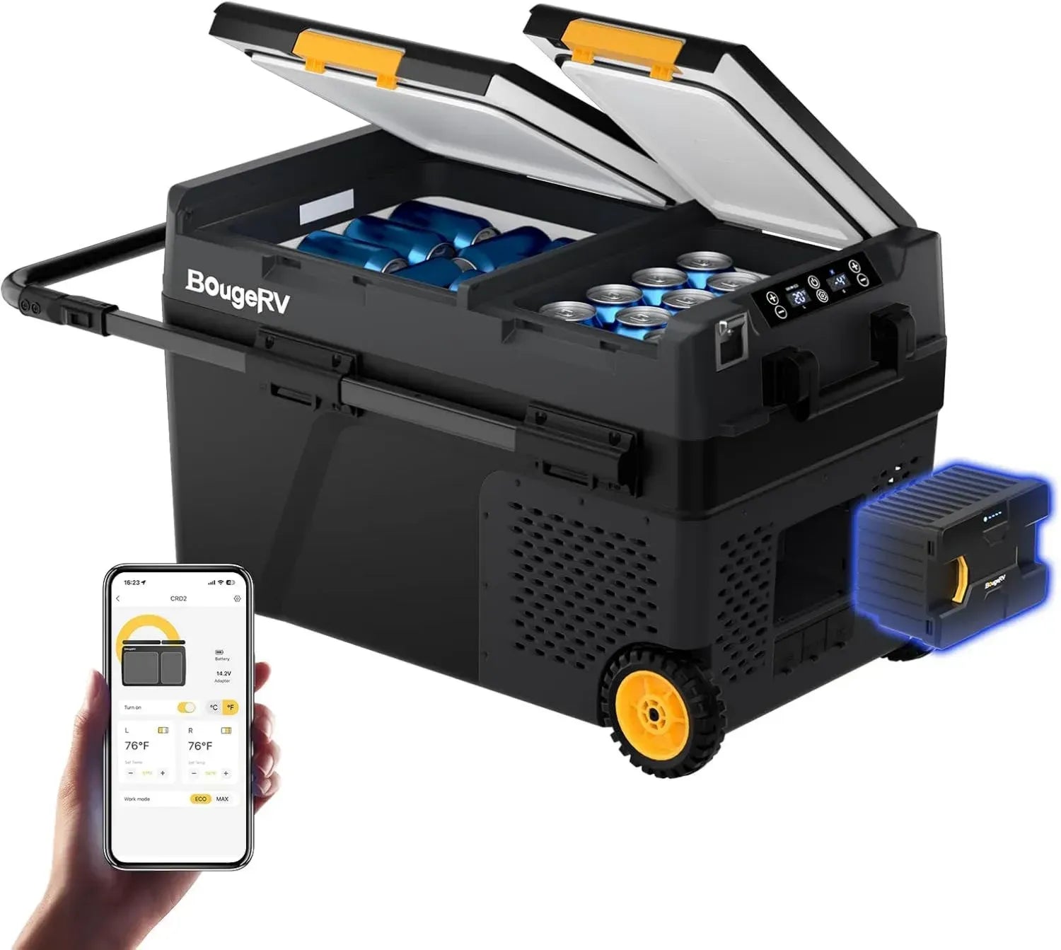 Glacière Portable BougeRV 40L avec Batterie Intégrée, Double Compartiment, Refroidisseur et Congélateur, Contrôle via Application, 12/24V et 220V