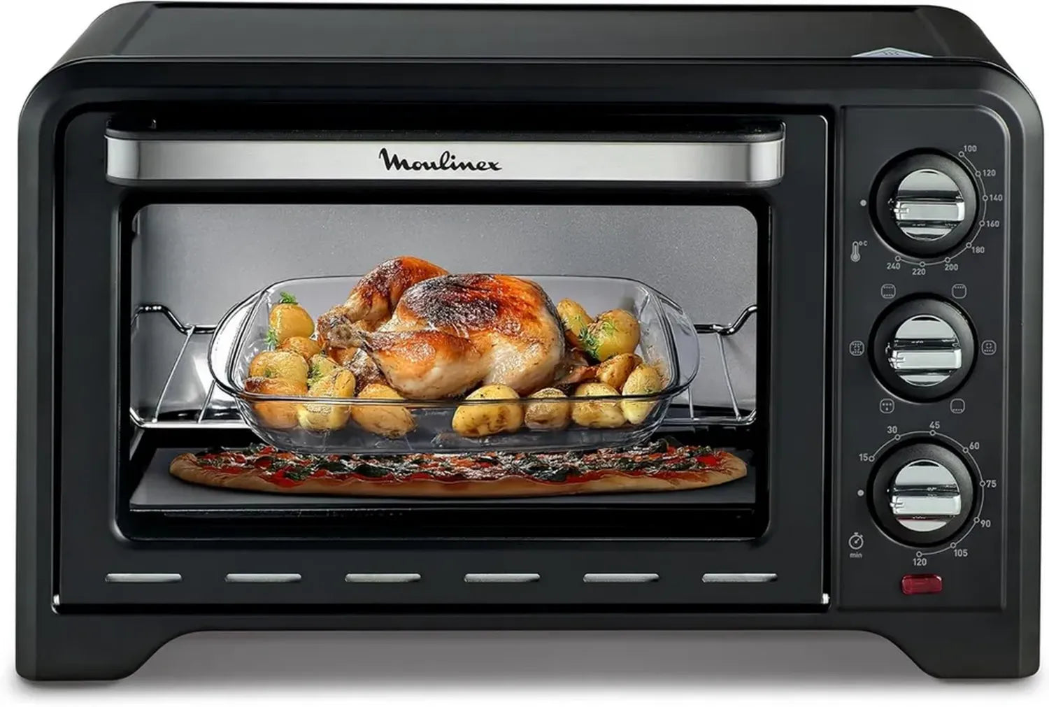 Four compact Moulinex 33 L, chaleur tournante, 6 fonctions, thermostat 240°C, minuteur 120 min, grille réversible, silicone inclus