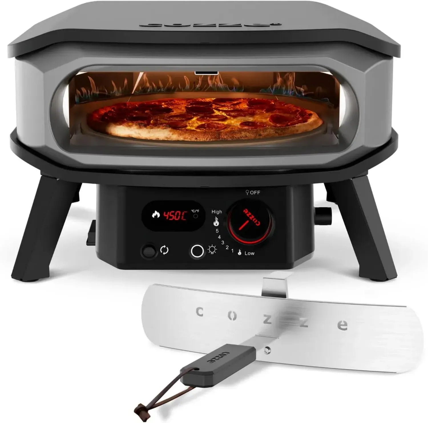 Cozze® Four à Pizza 33cm Premium Rotatif | Gaz 30mbar | Pierre Incluse | Allumage Auto | Thermomètre Intégré | Design Noir Durable