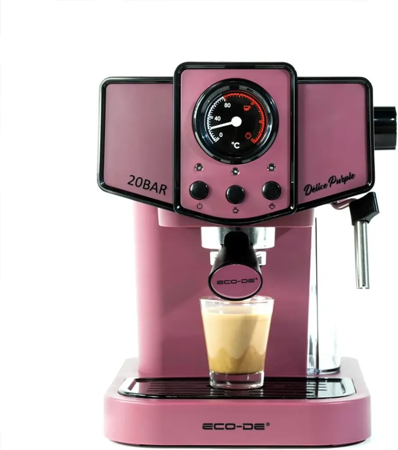ECODE® Machine à Espresso Delice Pourpre avec Mousseur, Semi-Automatique, 20 Bars, Vapeur Orientable, Réservoir 1,5L, Simple/Dose Double, Thermomètre Intégré
