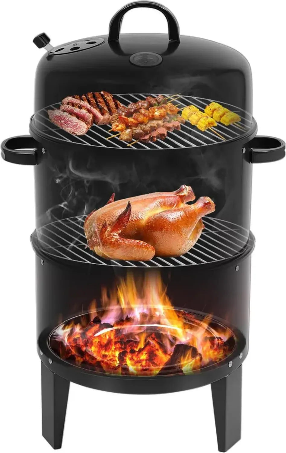 Barbecue Fumoir Multifonction 3 en 1 - Ø 40 cm avec Thermomètre - Utilisation Intérieure et Extérieure