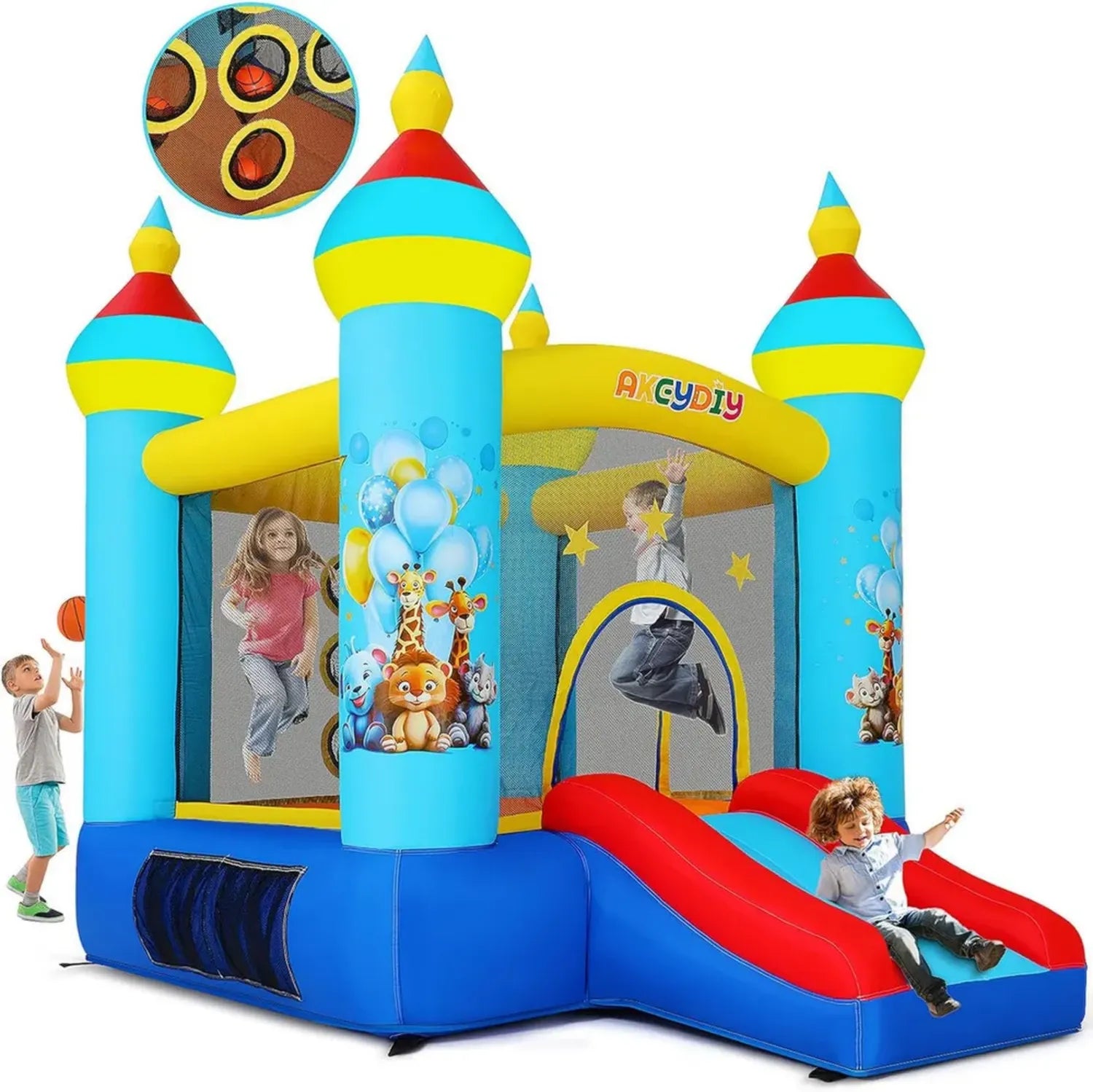 Château Gonflable Enfant avec Toboggan et Souffleur, Parc Animalier Intérieur/Extérieur, Tir de Balles, Bleu