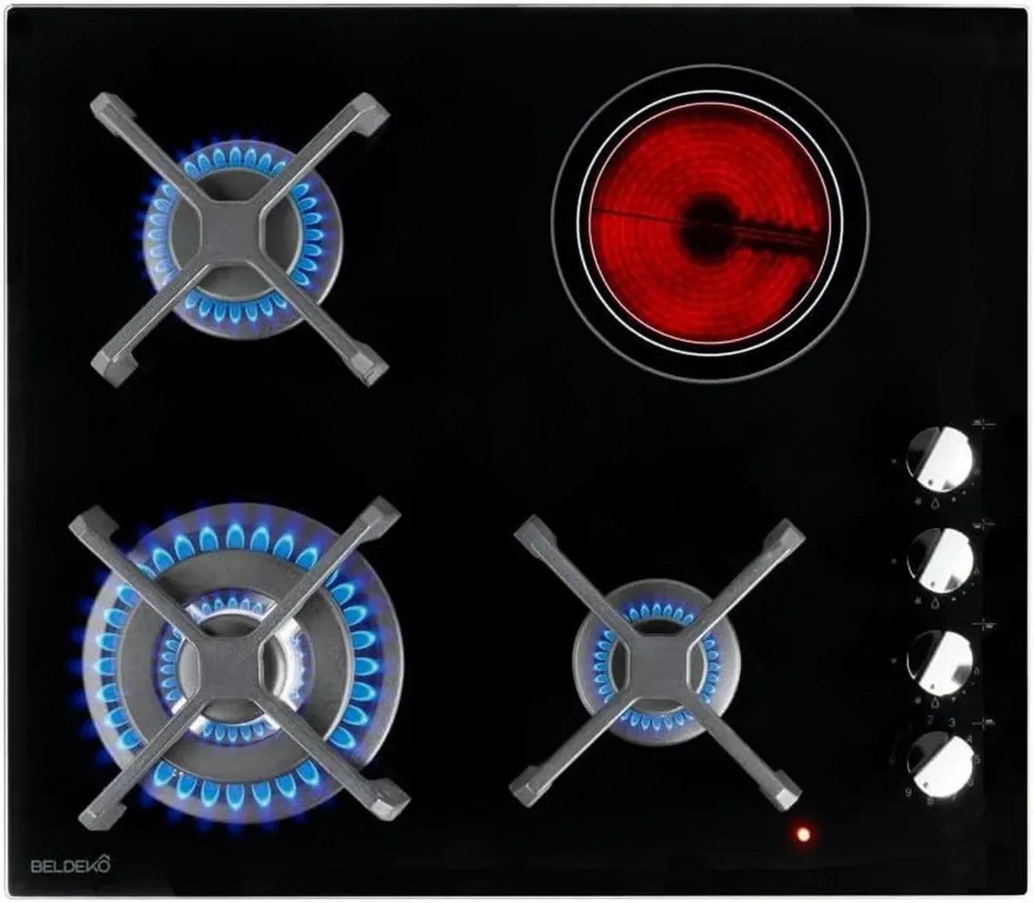 Table de Cuisson Mixte 3 Feux Gaz et 1 Vitrocéramique, 7400W, Commandes Ergonomiques