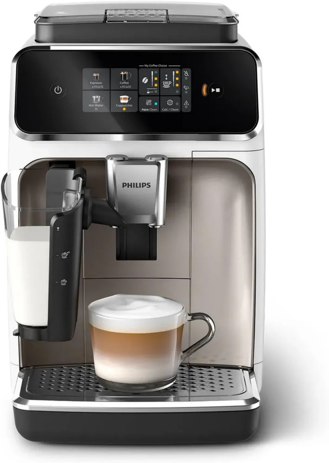 Machine à Café Philips Série 2300 avec Broyeur en Céramique, Écran Tactile, Système LatteGo, 4 Boissons, Technologie SilentBrew - Blanc Chromé