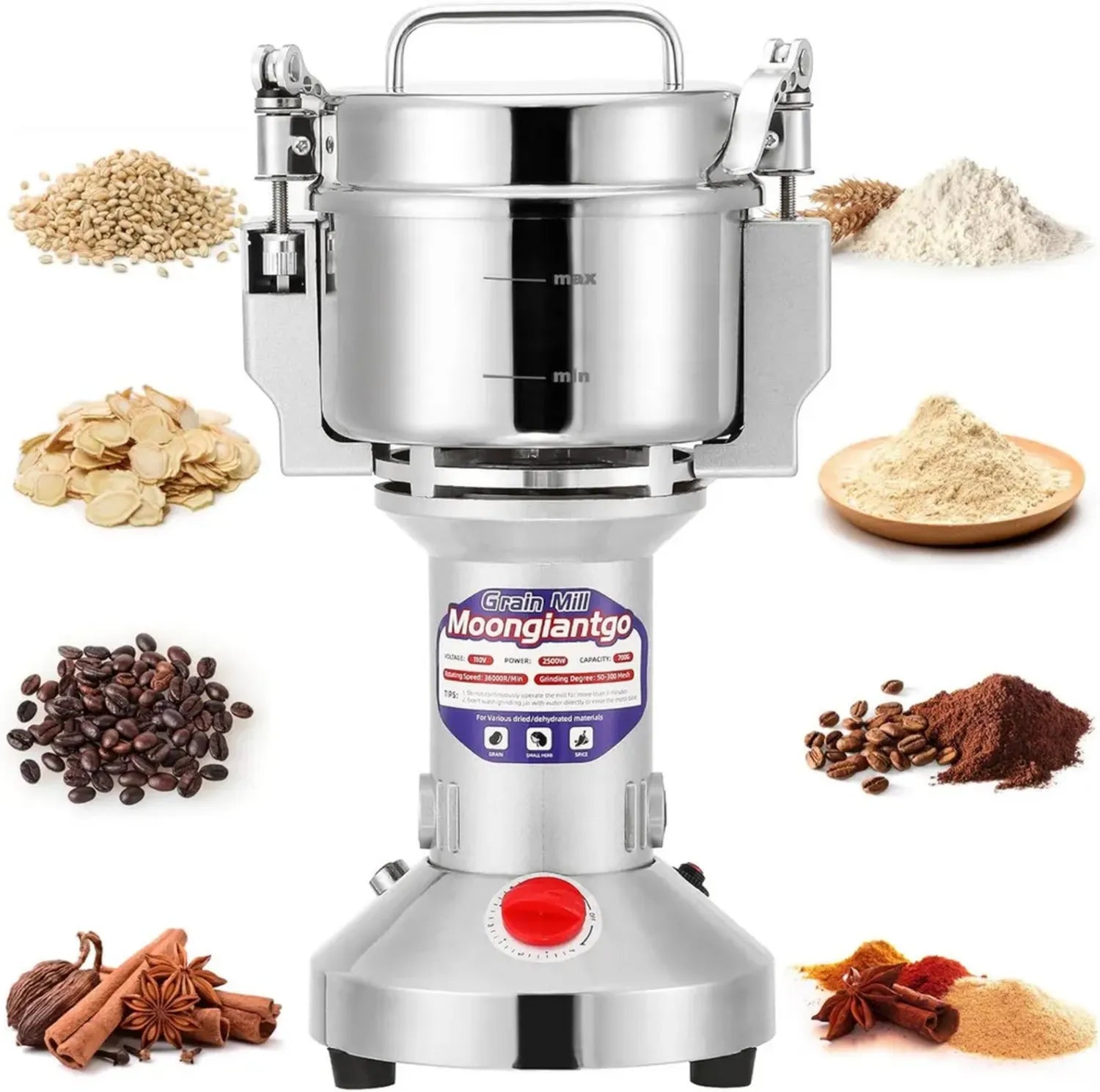 Moulin à Grains Électrique Moongiantgo 500g - Broyeur Professionnel 2500W en Acier Inoxydable