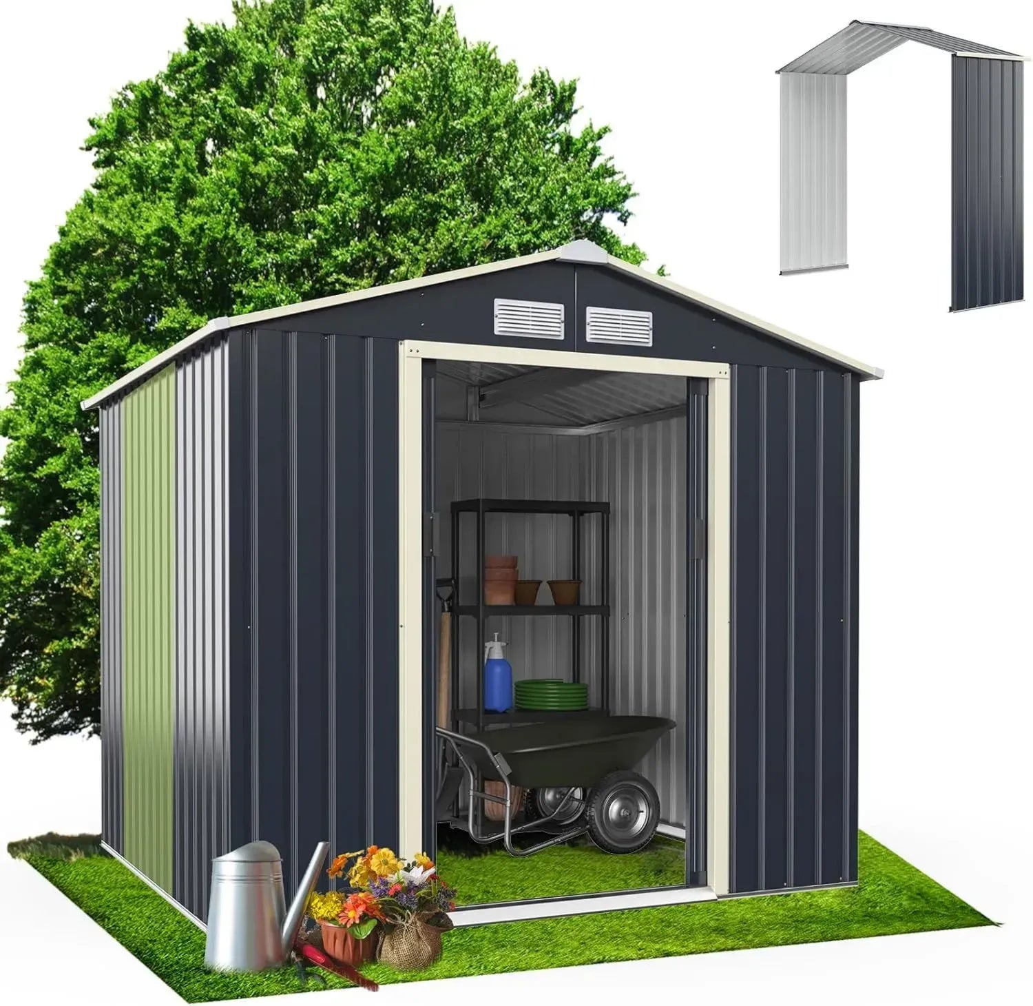 Abri de Jardin Métallique 4m² avec Porte Coulissante et Toit en Pente, Résistant aux Intempéries, 277x192x201cm