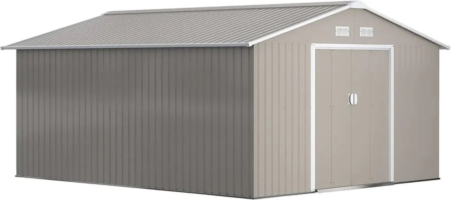 Outsunny Abri de Jardin en Acier Galvanisé 12,4 m², Toit Incliné, Porte Coulissante, avec Fondations, 340 x 386 x 200 cm, Résistant aux Intempéries