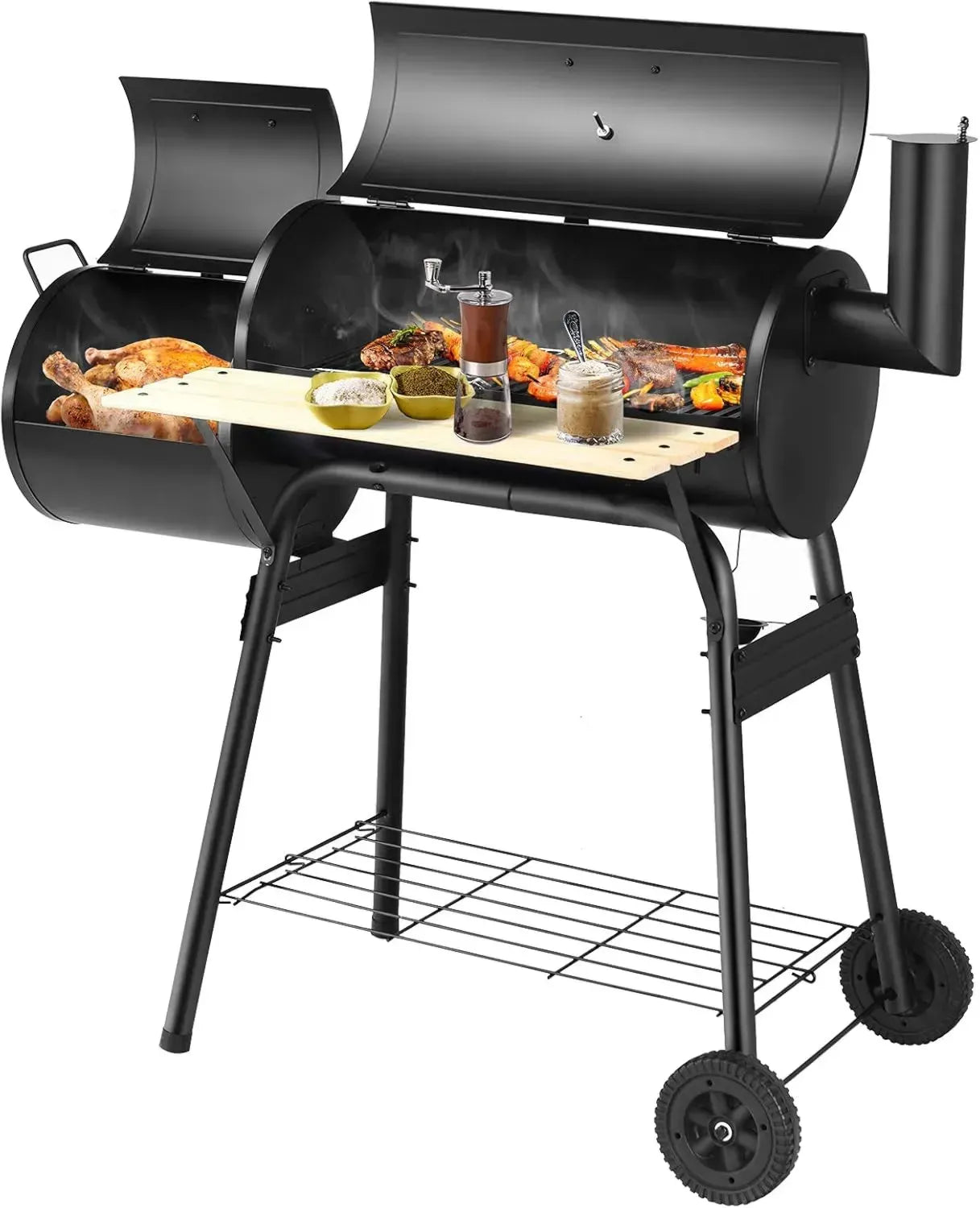 Grill au Charbon 2 en 1 avec Fumoir, Barbecue Portable avec Roues et Tablettes Latérales