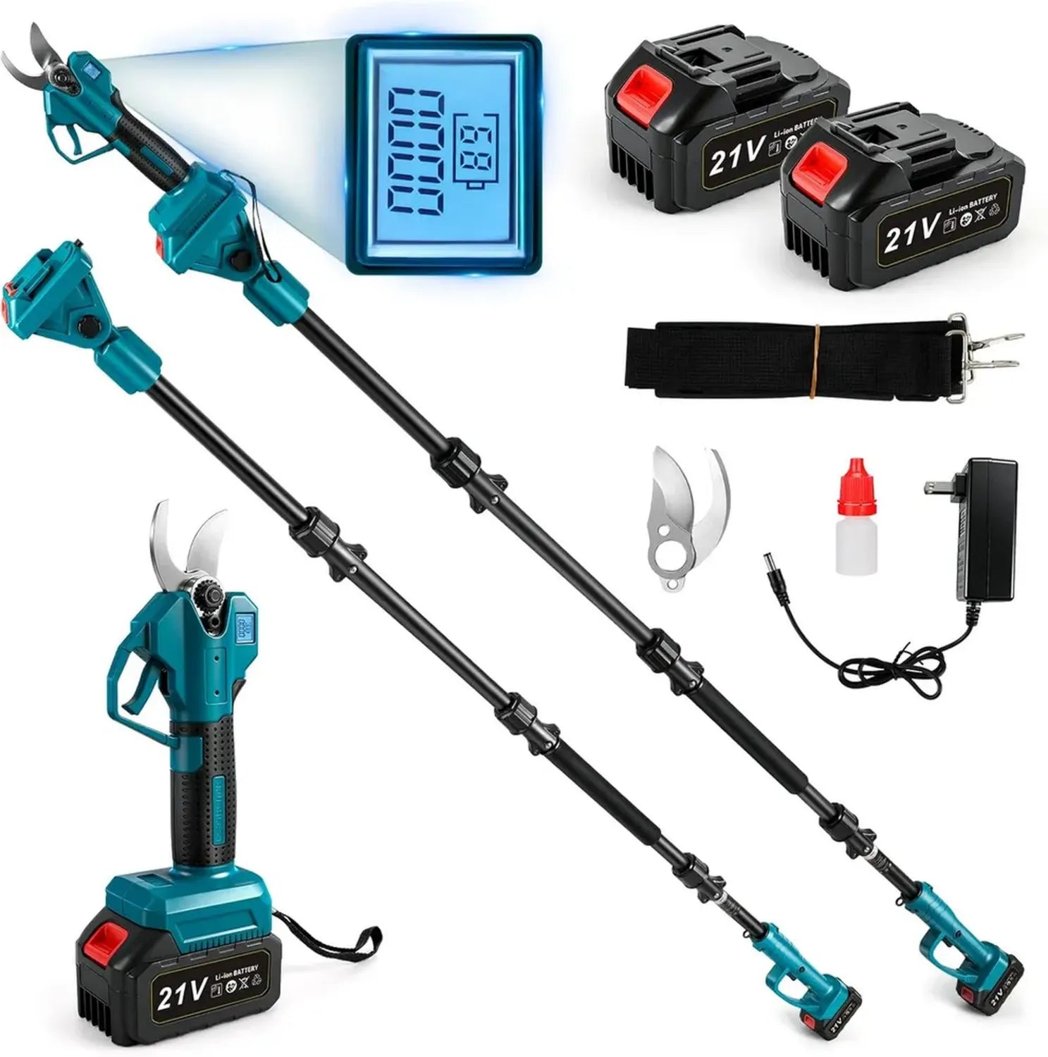 Sécateur Électrique Télescopique 1000W, Lames SK5, Écran LCD, 2 Batteries 2000mAh
