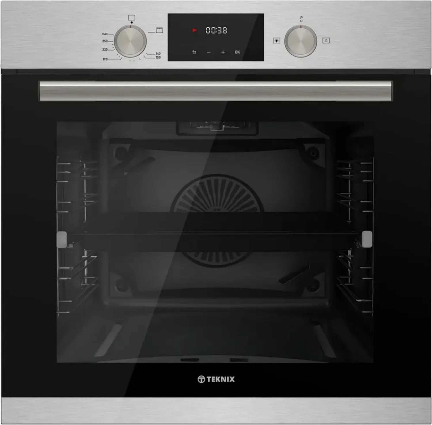 Four à gaz intégré Teknix 60cm, 63L, GPL convertible, écran numérique, porte à double vitrage, fermeture douce, acier inoxydable