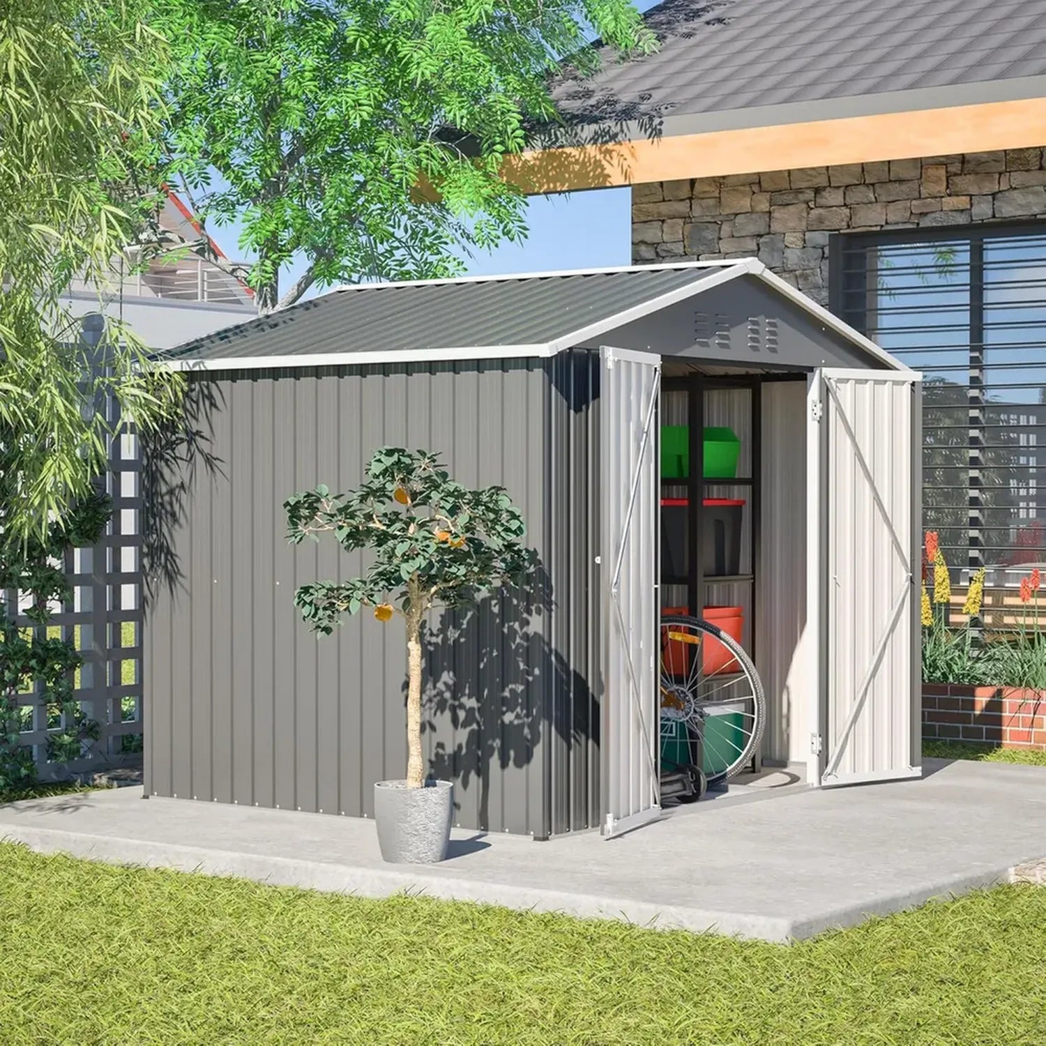 Cabane de Jardin Métallique 229 x 180 x 191 cm avec Porte Sécurisée et Toit Monopente