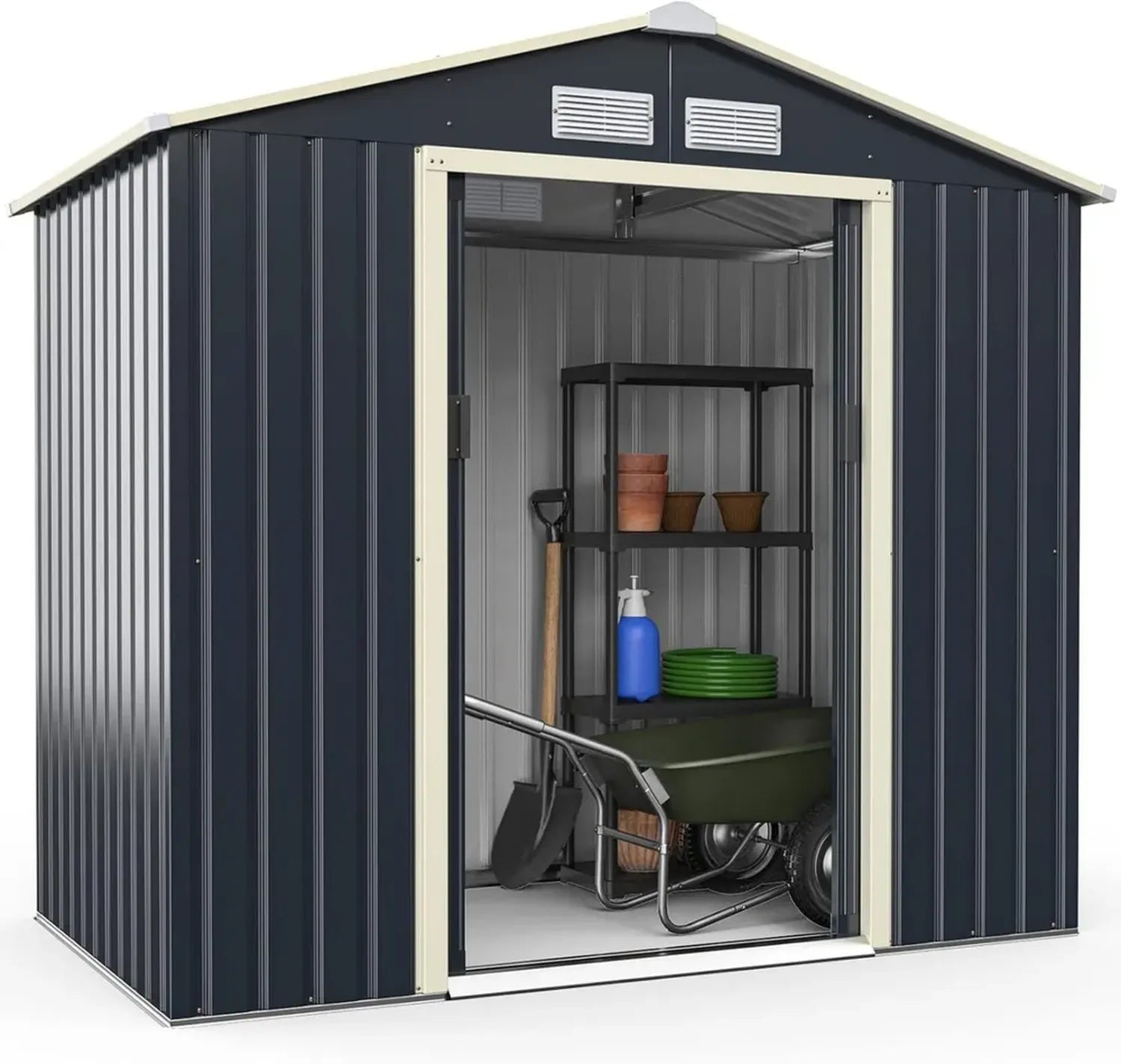 Abri de Jardin Métallique avec Portes Coulissantes, Ventilation et Toit Incliné, Rangement Extérieur Gris