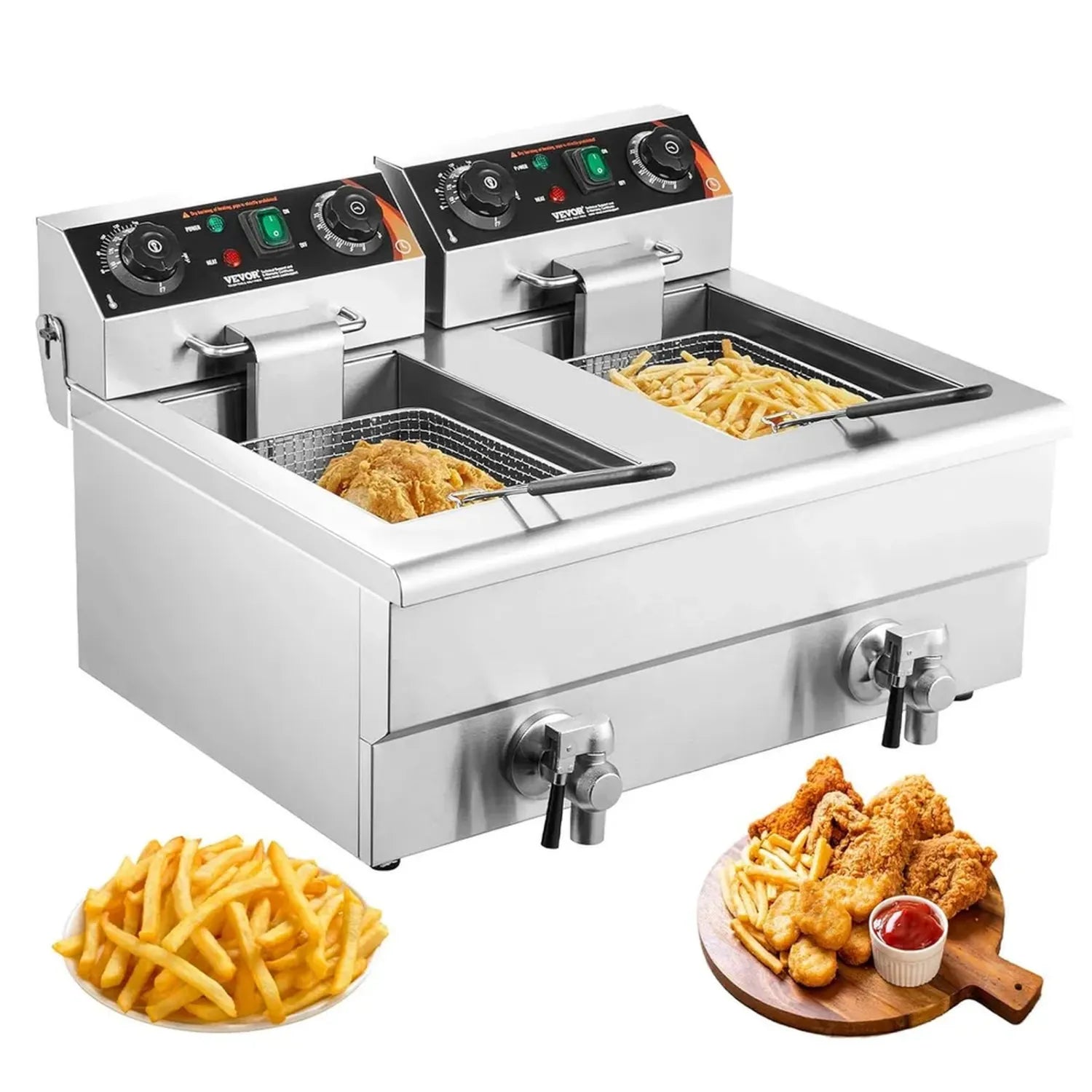 Friteuse Professionnelle en Acier Inoxydable 2x11L 2x3000W avec Double Bacs et Paniers, Température Réglable 50-200°C, Idéal pour Snacks et Poulet Frit