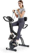 Vélo d'appartement pliable avec 16 niveaux de résistance magnétique, bandes pour bras, écran LCD, dossier et selle large, jusqu'à 136 kg