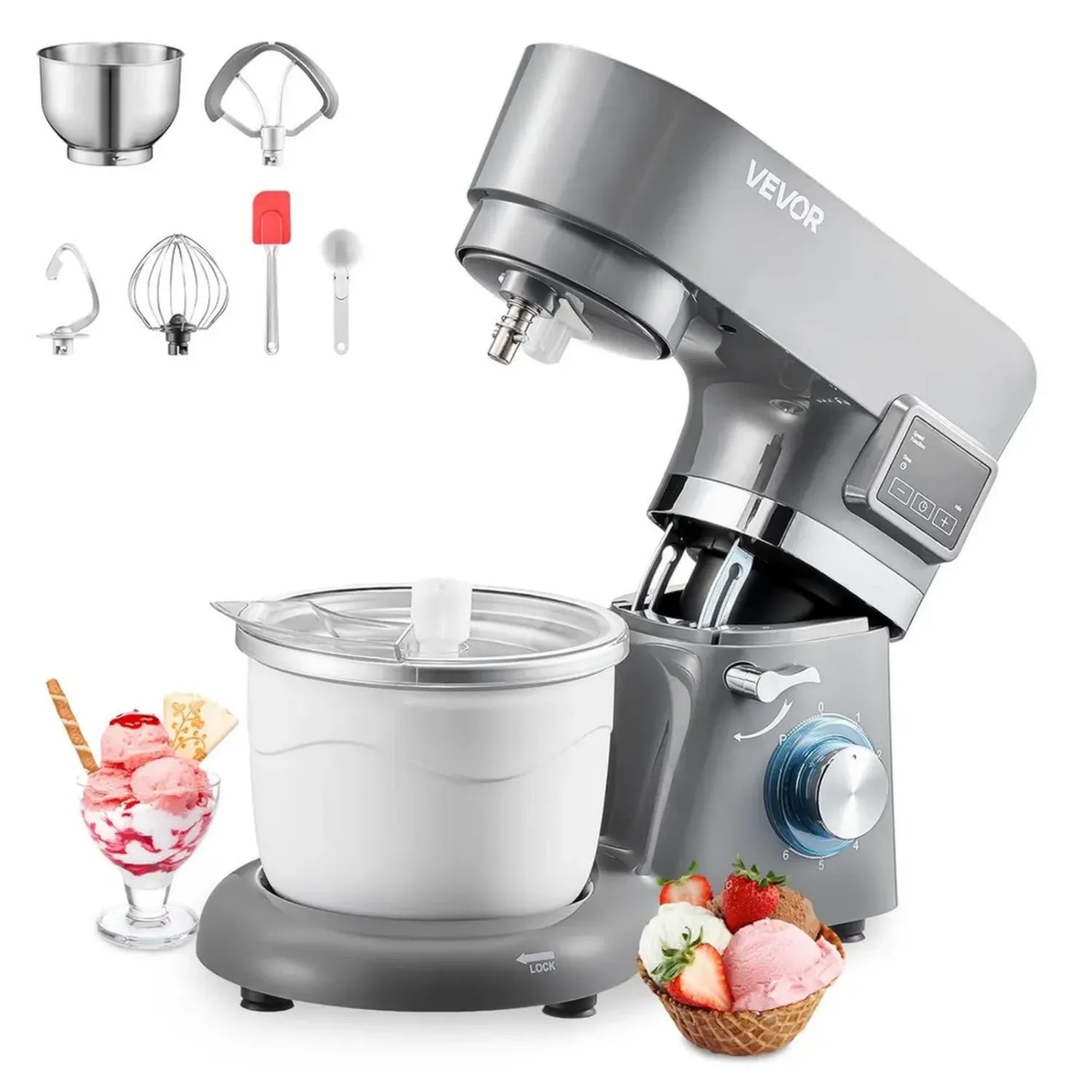 VEVOR Machine à Sorbet 1,7 L, Mixeur Pâtissier 6 Vitesses avec Écran LED et Minuterie, Accessoires Inclus, pour Desserts Gelés, Gris